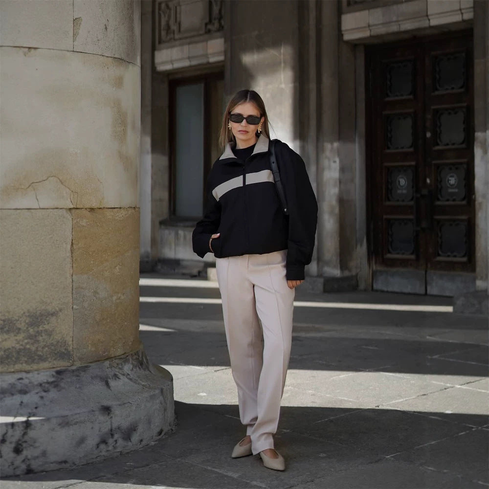 Damen Cropped Bomberjacke mit Kontraststreifen, Stehkragen und kastiger Silhouette Shop Nory