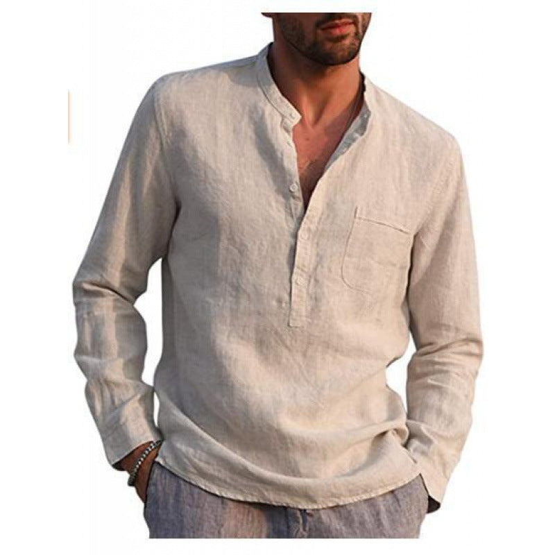 Herren Leichtes Leinenhemd mit Stehkragen, Halber Knopfleiste und Brusttasche Shop Nory