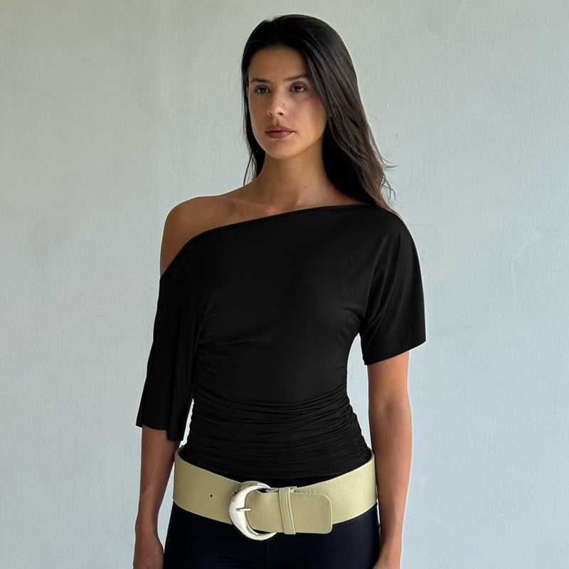 Damen Oberteil mit asymmetrischem Ausschnitt und Raffung Shopnory