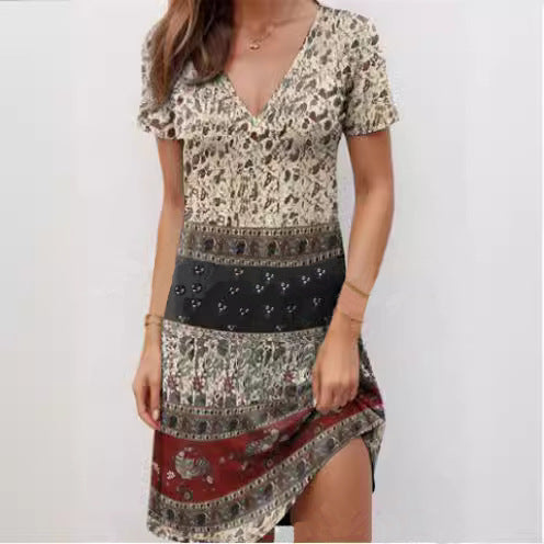 Damen Kurzarmkleid mit modischem V-Ausschnitt und kreativem Muster