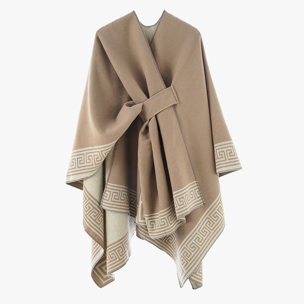 Damen Wendbarer Poncho aus Kaschmir‑Mischung mit grafischem Bordürenprint und Taillengürtel Shop Nory
