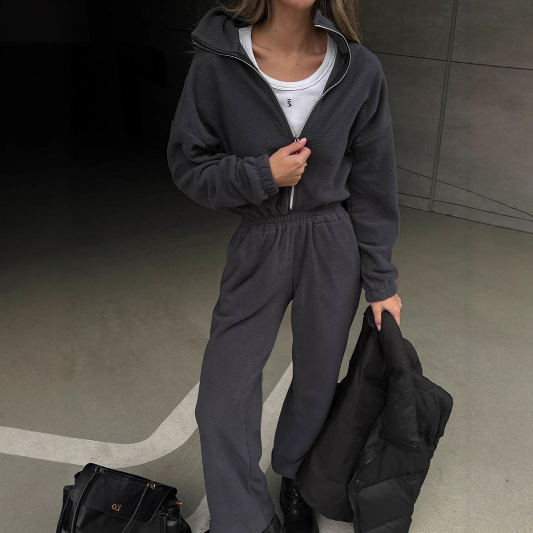 Damen Lässiger Fleece-Hausanzug mit Zip-Kapuze und elastischem Taillenbund Shop Nory