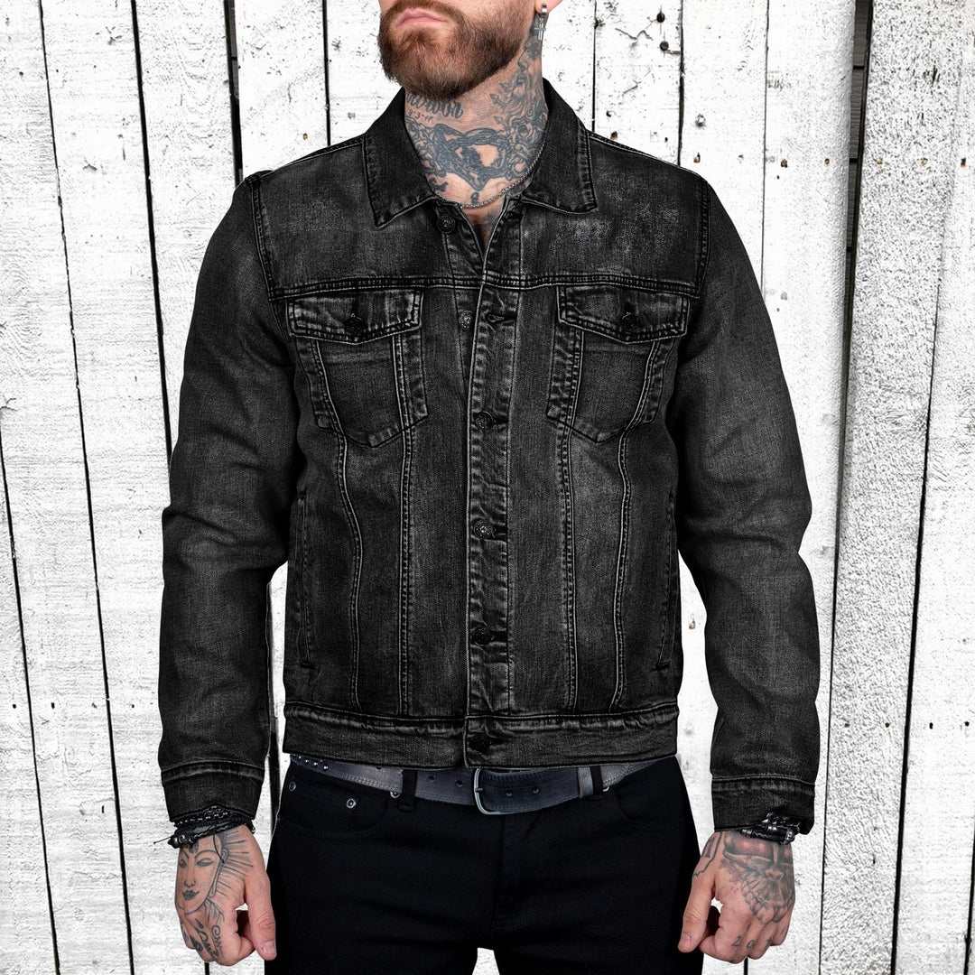 Herren taillierte Trucker-Denimjacke mit Pattentaschen, Metallknopfleiste und kontrastierenden Nähten Shop Nory