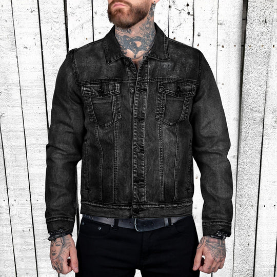 Herren taillierte Trucker-Denimjacke mit Pattentaschen, Metallknopfleiste und kontrastierenden Nähten Shop Nory