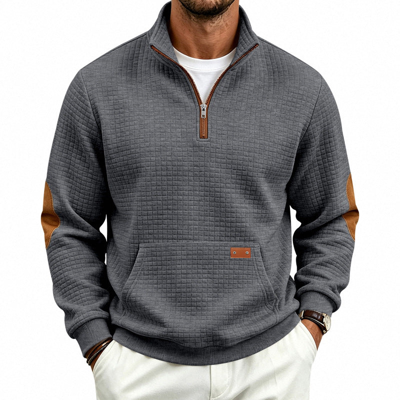 Herren Texturierter Halbzip-Sweat mit Waffelstruktur, Kängurutasche und Leder-Ellbogenbesatz Shop Nory