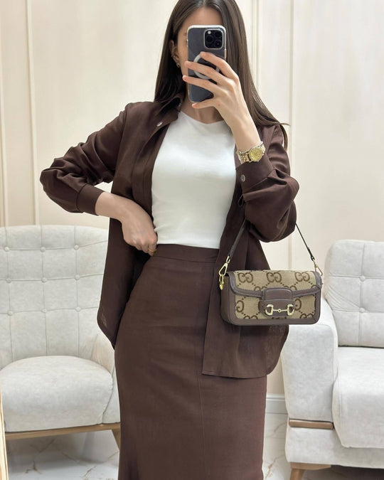 Damen Zweiteiliges Set Schlauchmaxirock mit ausgestelltem Saum und Oversize-Hemd Shop Nory