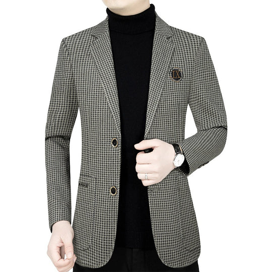 Herren Slim-Fit Sakko mit Hahnentritt-Muster und Wappen-Emblem Shop Nory