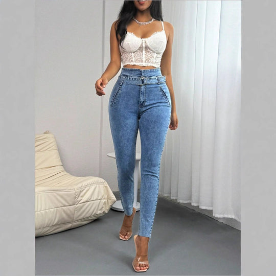 Damen Hochtaillierte Slim‑Skinny‑Jeans mit D‑Ring‑Gürtel und schrägen Eingrifftaschen Shop Nory