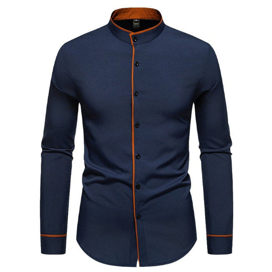 Herren Langarmhemd mit modernem Stehkragen und gesticktem Detail
