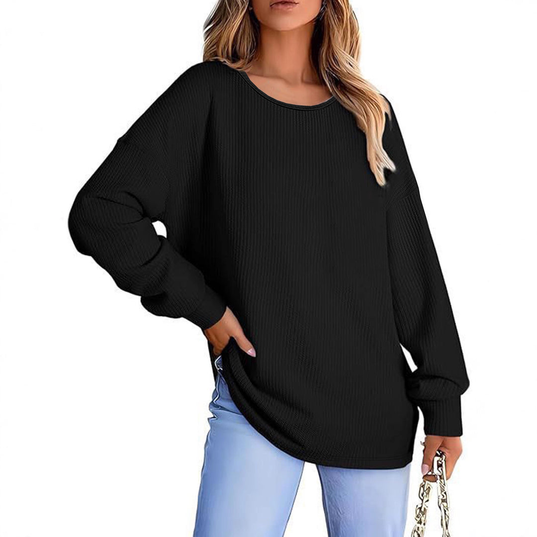 Damen Oversize Waffelstrickpullover mit Rundhals, Ballonärmeln und verlängertem Saum Shop Nory