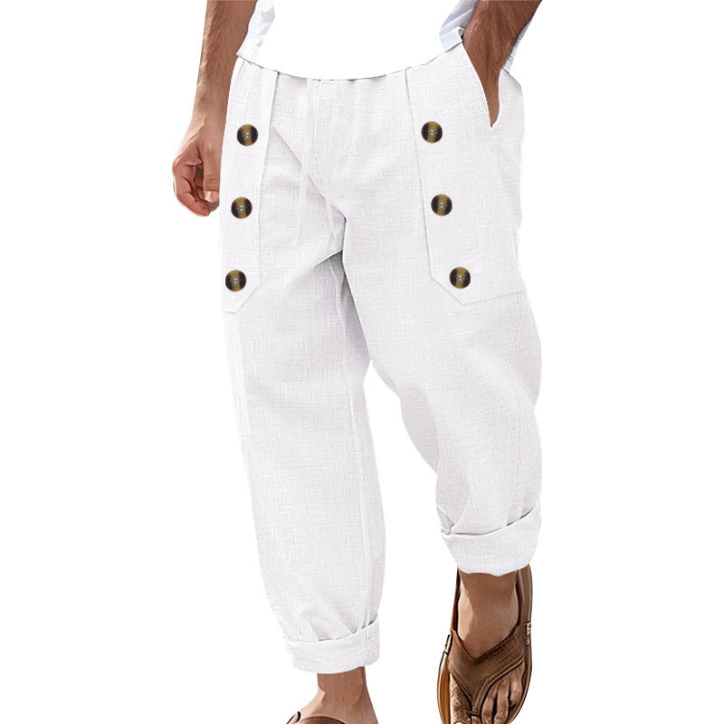 Herren Bequeme Leinenhose mit seitlichen Knöpfen und elastischem Bund
