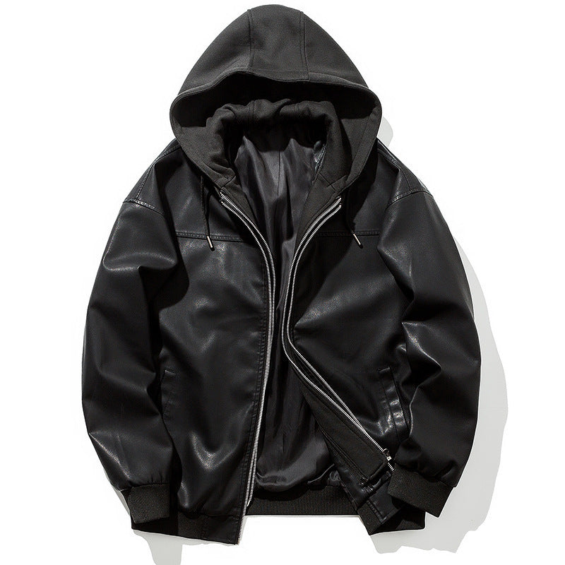 Herren Kunstleder‑Bomberjacke mit Kapuze, Reißverschluss und Rippbündchen Shop Nory