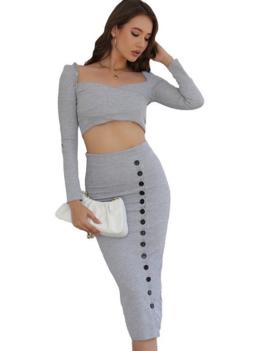 Damen Zweiteiliges Strickset mit Cropped-Top und tailliertem Midirock mit Zierknopfleiste Shop Nory