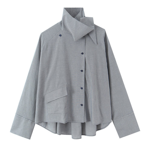 Damen Oversize-Bluse mit hohem Schalkragen und asymmetrischer Knopfleiste Shop Nory