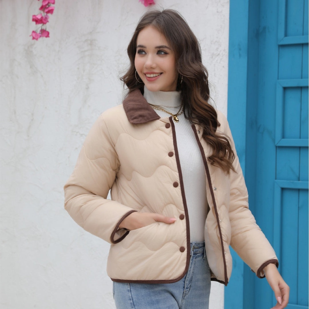 Damen Gequiltete Steppjacke mit Samtkragen und geschwungener Wellensteppung Shop Nory