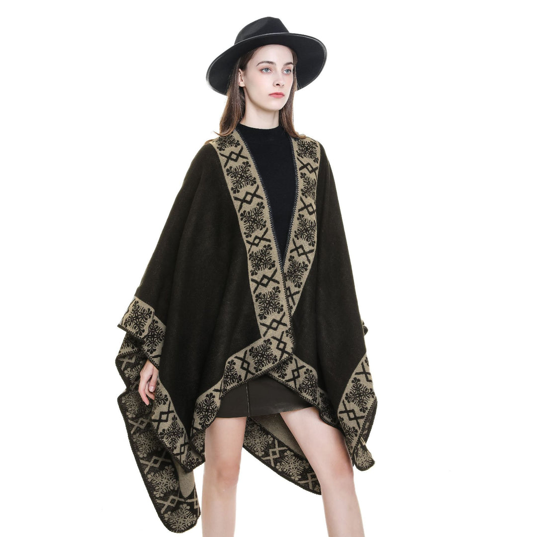 Damen Oversize-Umhangponcho aus Wollmix mit gewebter Bordüren-Jacquard und Zierkettelnaht Shop Nory
