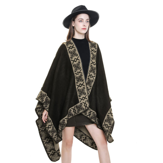 Damen Oversize-Umhangponcho aus Wollmix mit gewebter Bordüren-Jacquard und Zierkettelnaht Shop Nory