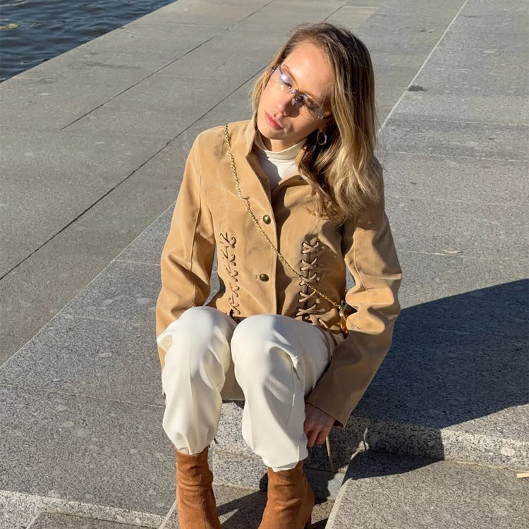 Damen Kurzjacke aus Veloursleder-Optik mit seitlichen Schnürungen & Stehkragen Shop Nory