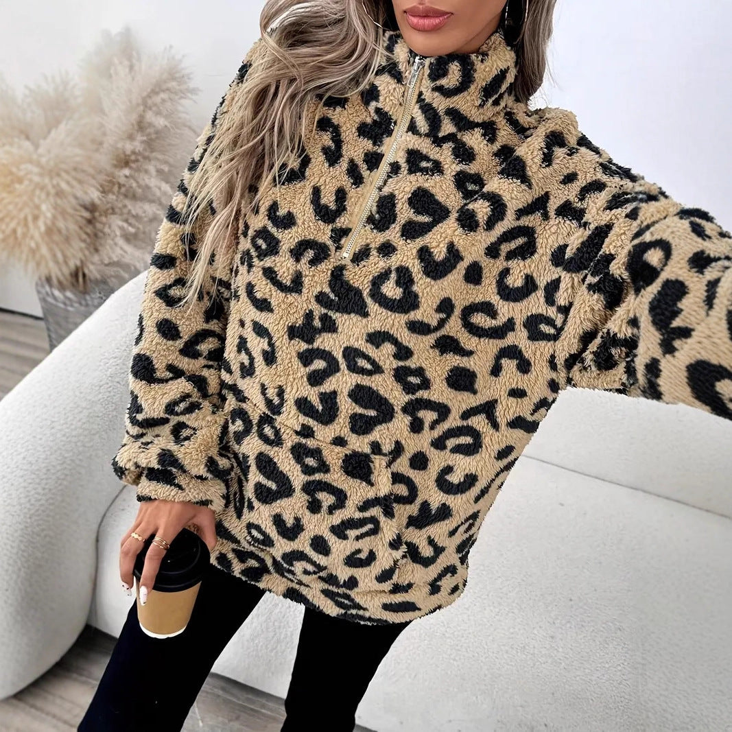Damen Fleece-Pullover mit stylischem Leopardenmuster