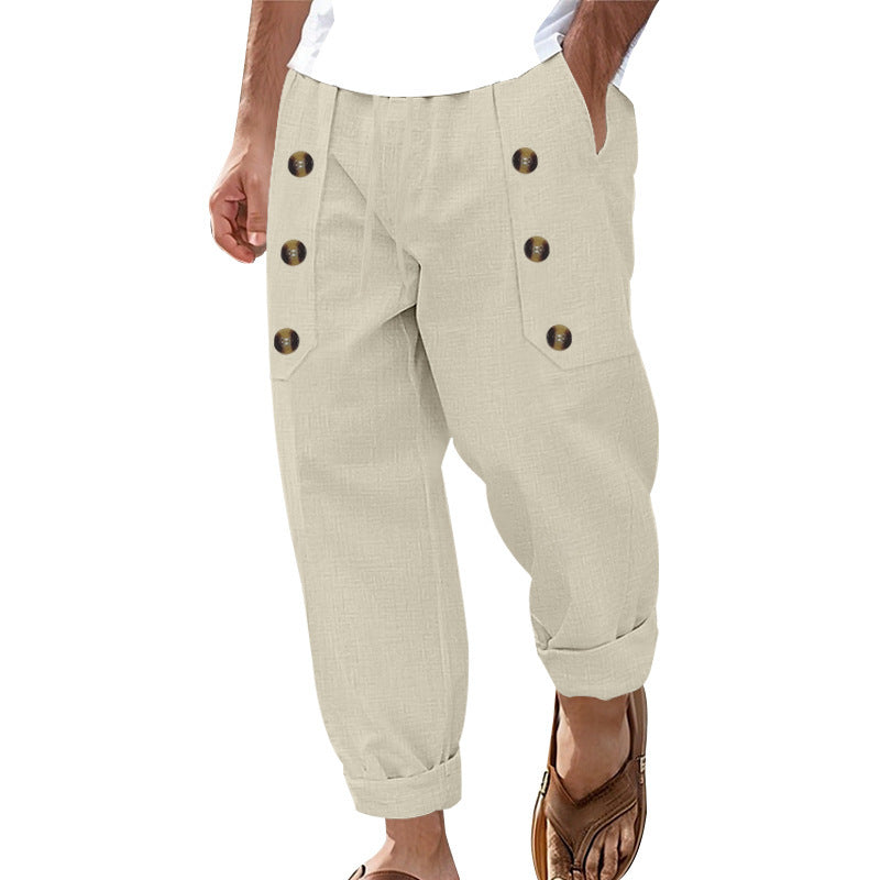 Herren Bequeme Leinenhose mit seitlichen Knöpfen und elastischem Bund