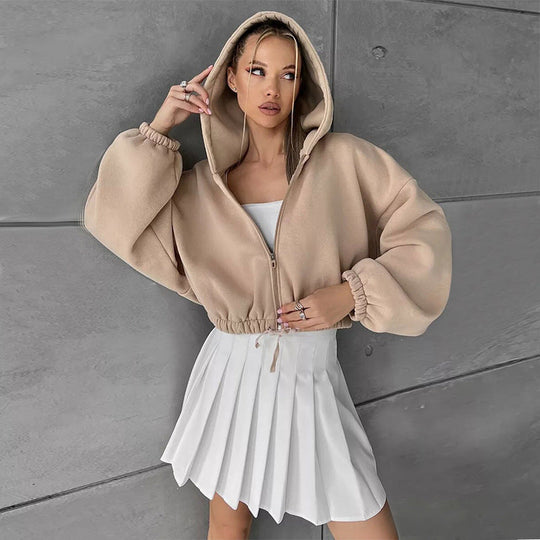 Damen Sportlicher Cropped Hoodie mit Reißverschluss und Kordelzug