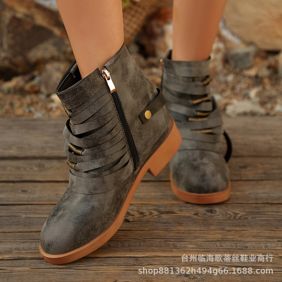 Damen Fransen-Ankle-Boots mit geschichteten Riemen und seitlichem Reißverschluss Shop Nory