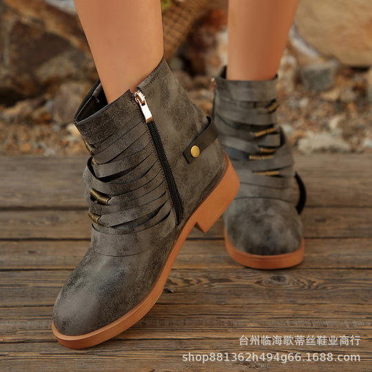 Damen Fransen-Ankle-Boots mit geschichteten Riemen und seitlichem Reißverschluss Shop Nory