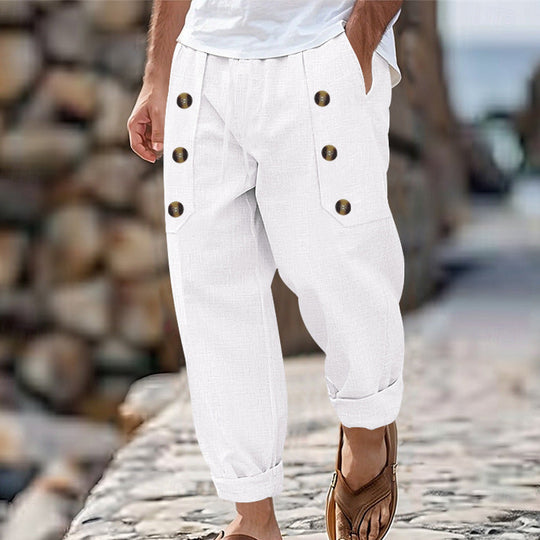 Herren Bequeme Leinenhose mit seitlichen Knöpfen und elastischem Bund