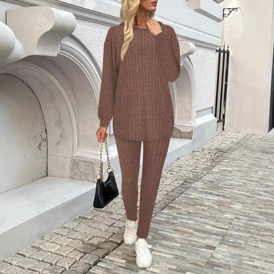 Damen Geripptes Feinstrick‑Loungewear‑Set mit Kapuzenpullover und hochtaillierten Leggings Shop Nory