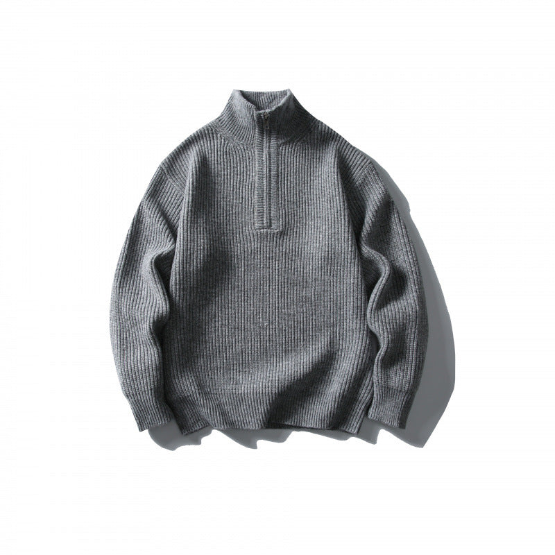 Unisex Strukturierter Halbzip-Strickpullover mit hohem Stehkragen und geripptem Rippstrick Shop Nory