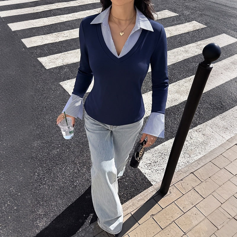 Damen Elegantes Longsleeve-Oberteil mit Hemdkragen Shop Nory