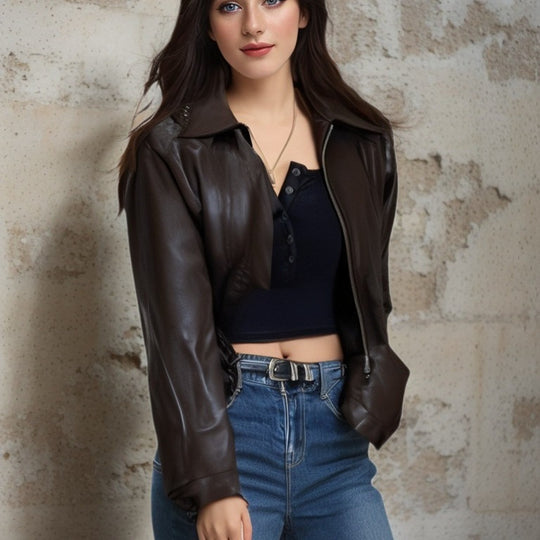 Damen Kurz geschnittene PU-Jacke im Blouson-Stil mit Hemdkragen und tailliertem Gummibund Shop Nory