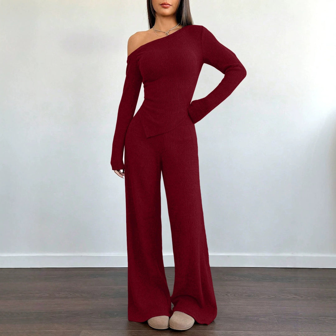 Damen Asymmetrisches Strick-Lounge-Set mit One-Shoulder-Oberteil und weitem Bein Shop Nory
