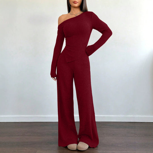 Damen Asymmetrisches Strick-Lounge-Set mit One-Shoulder-Oberteil und weitem Bein Shop Nory