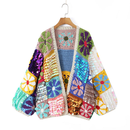 Damen verspielter Häkelpatchwork-Cardigan mit Pailletten und Blumenapplikationen Shop Nory