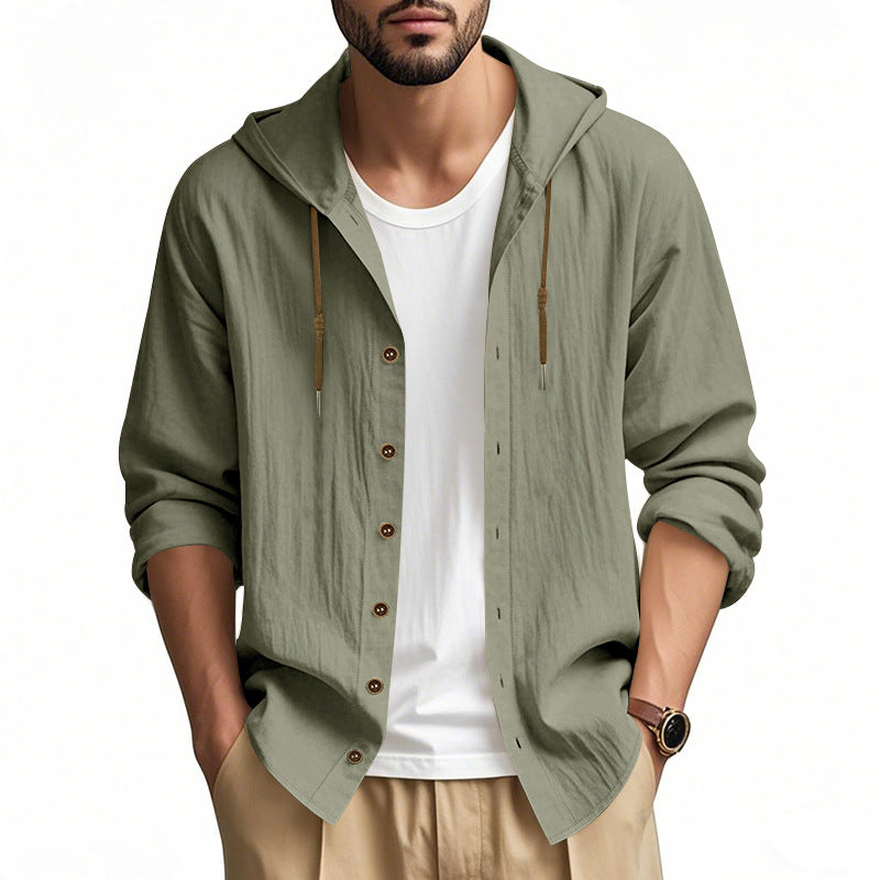 Herren nan leichtes Kapuzenhemdjacke aus Leinenoptik mit durchgehender Knopfleiste