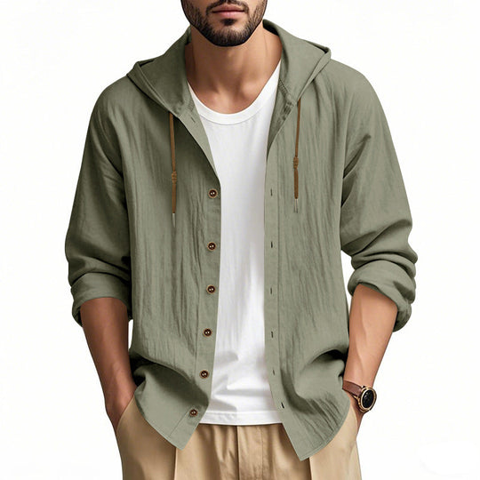 Herren nan leichtes Kapuzenhemdjacke aus Leinenoptik mit durchgehender Knopfleiste