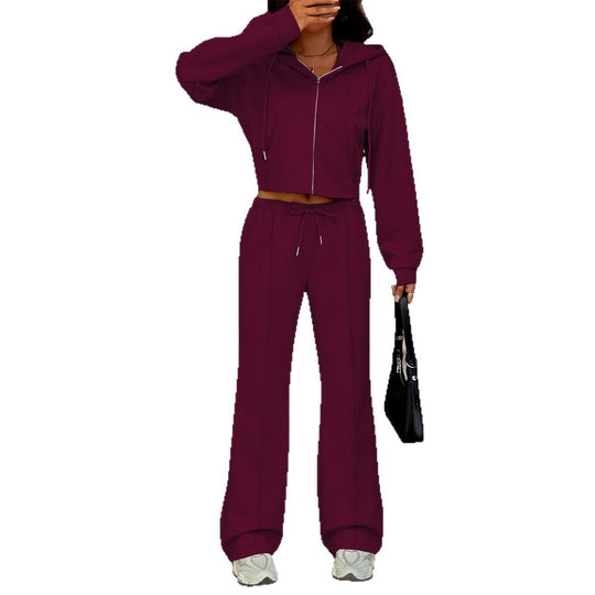 Damen nan kurzgeschnittenes Kapuzen-Sweatset mit Reißverschluss und hochtaillierter Schlaghose Shop Nory