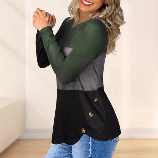 Damen Langarm-Colorblock-Shirt mit rundem Saum und seitlichem Knopfdetail Shop Nory