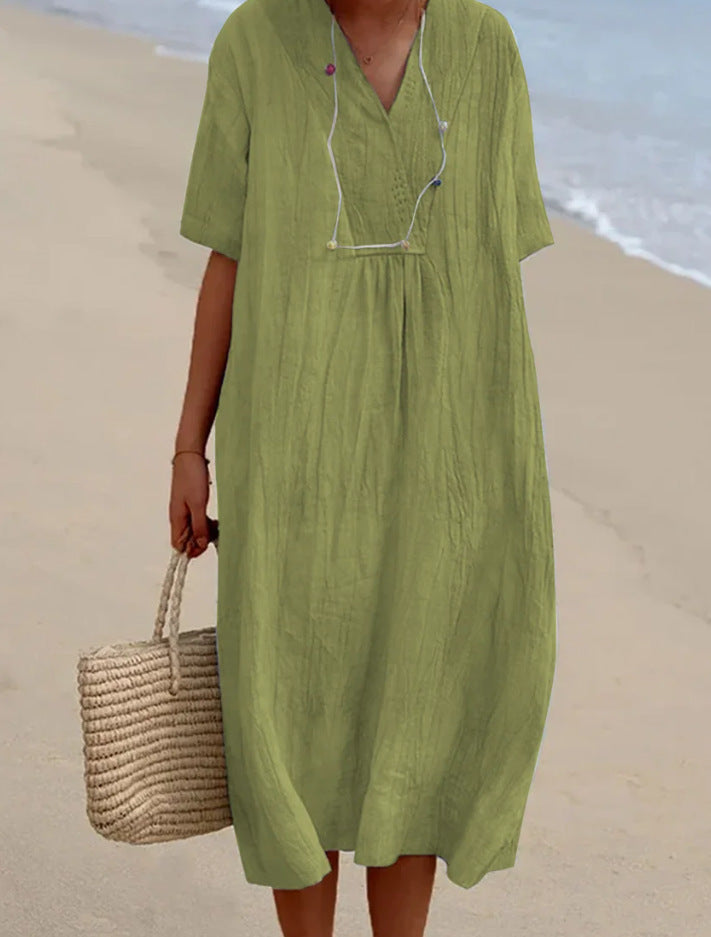 Damen lässiges Midi-Kleid mit V-Ausschnitt und bequemen Kurzärmeln