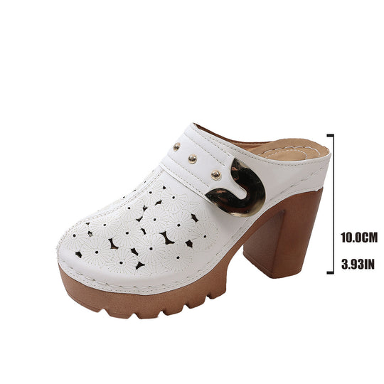 Damen Plateau-Clogs mit floralem Perforationsmuster, dekorativer Metallschnalle und hohem Blockabsatz Shop Nory