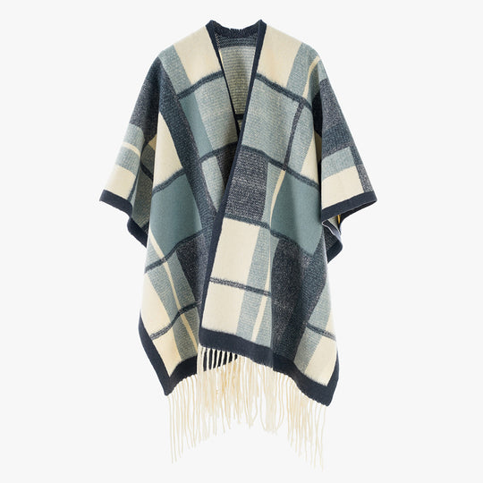 Damen Capeponcho im Oversize‑Rechteckschnitt mit karierter Webstruktur und Fransen Shop Nory