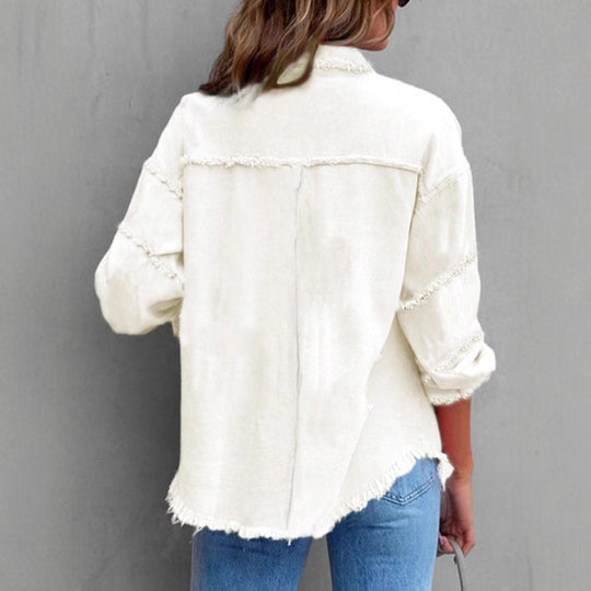Damen Lässige Denim-Überwurfjacke im Hemdstil mit Raw-Edge und Druckknopfleiste Shop Nory