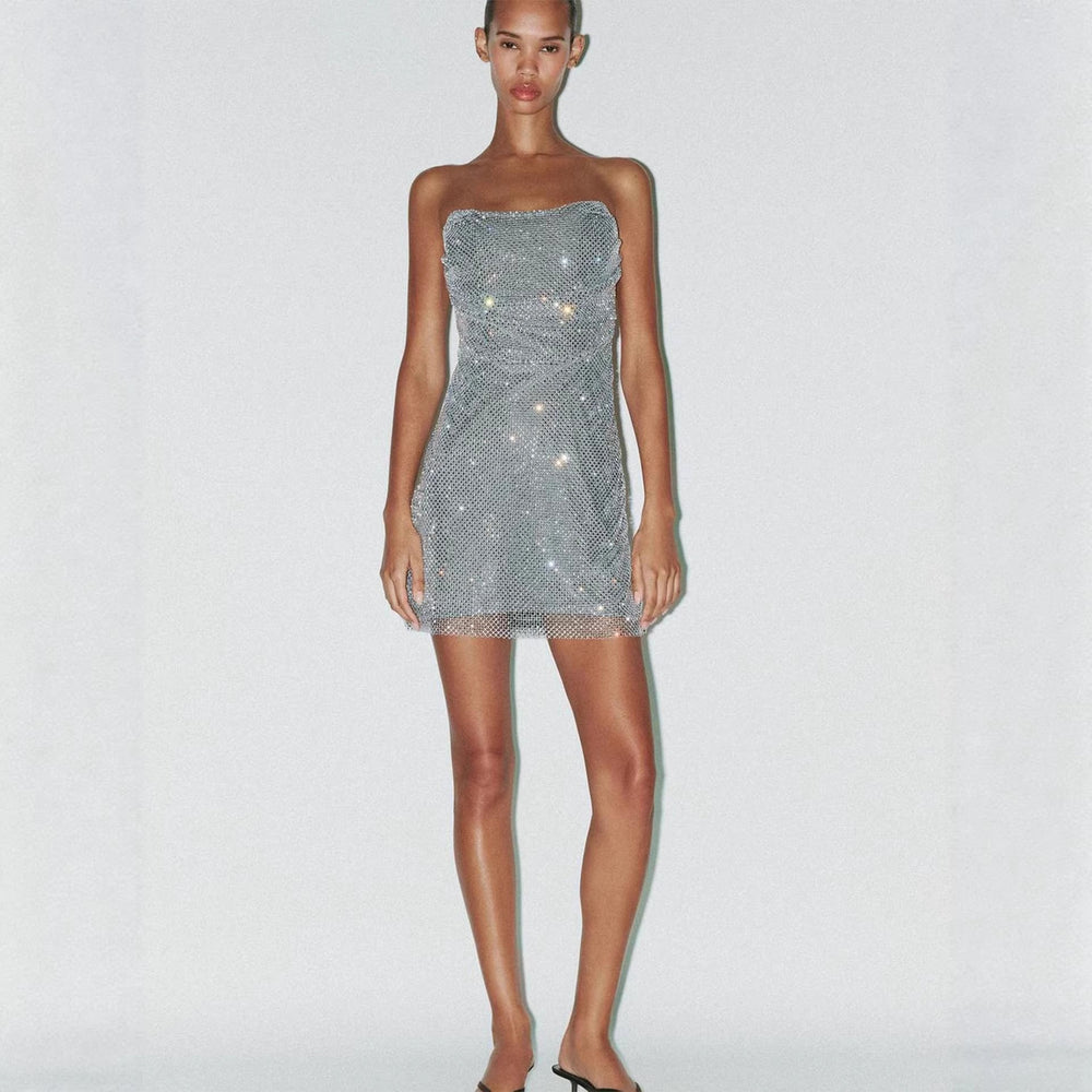 Damen Glitzerndes Cocktailkleid mit schulterfreiem Design und funkelnden Pailletten