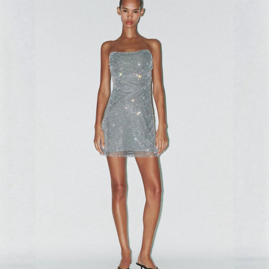 Damen Glitzerndes Cocktailkleid mit schulterfreiem Design und funkelnden Pailletten