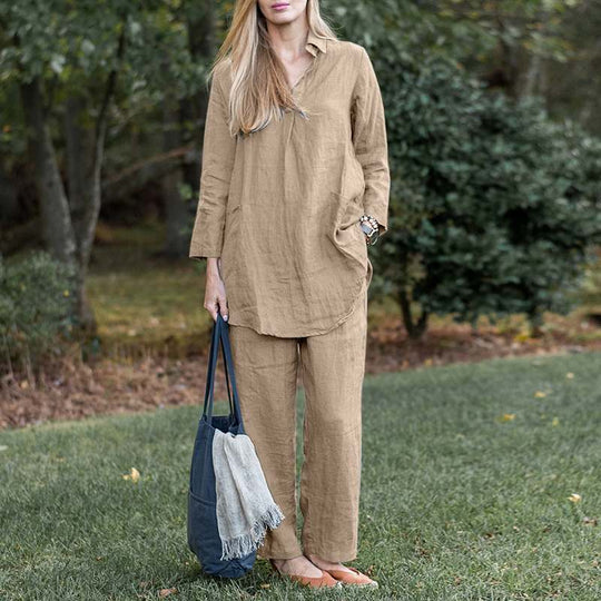 Damen Leinen-Loungewear-Set mit weitem Tunika-Hemd und lockerer Palazzo-Hose Shop Nory
