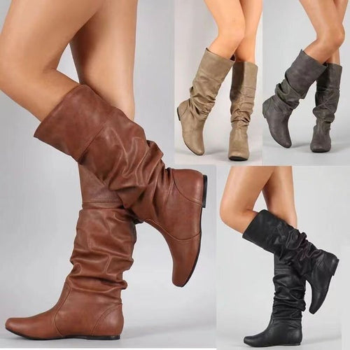 Damen Schlupfstiefel mit gerafftem Schaft und flacher Keilsohle Shop Nory