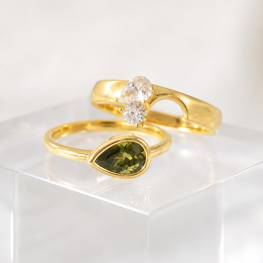 Birnenförmiger Edelstein Stapelring-Set mit Pavé-Akzenten