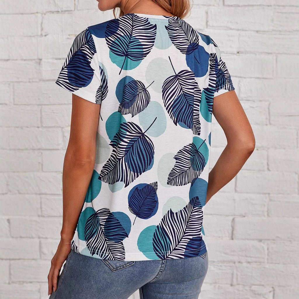 Damen Kurzarm-T-Shirt mit modernem Blattdruck