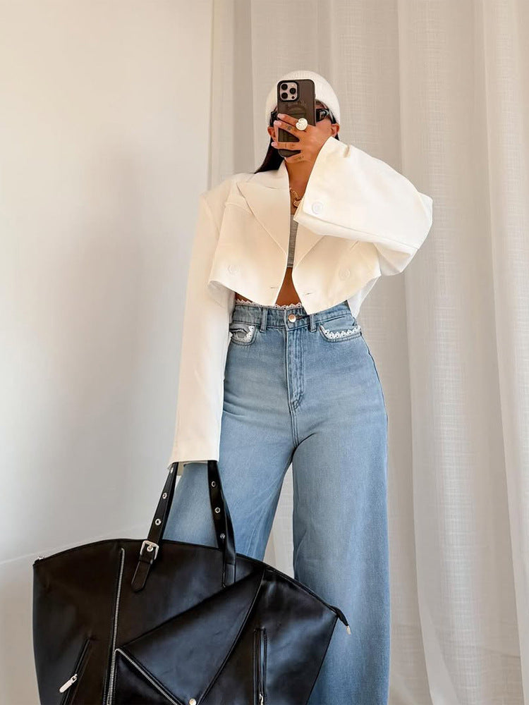 Damen Cropped-Boxy Kurzblazer mit kastiger Silhouette und überlangen Ärmeln Shop Nory